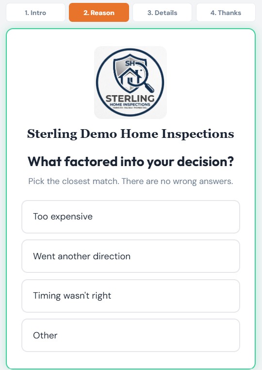 BidEcho independent win-loss survey step 2 — 'What factored into your decision?' with one-tap reasons (price, response time, fit, timing)